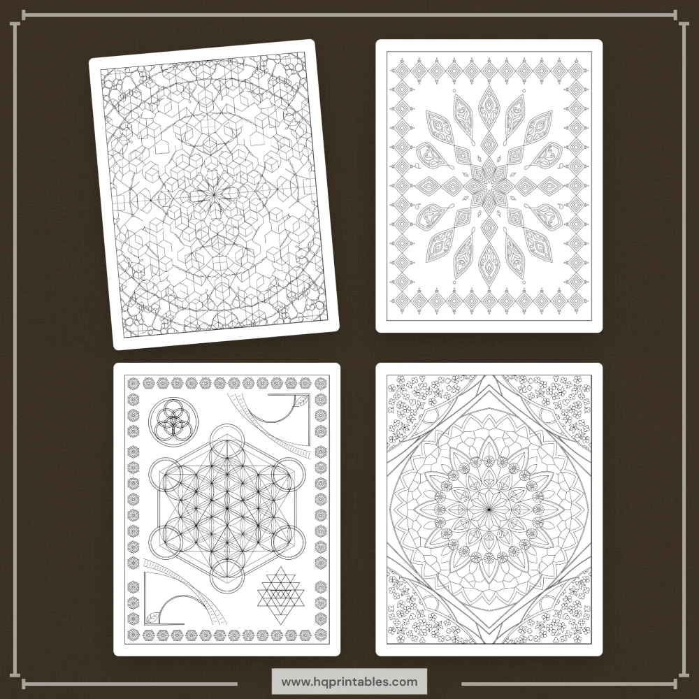 Printable stress relief coloring book for adults featuring calming mandala patterns and mental wellness pages