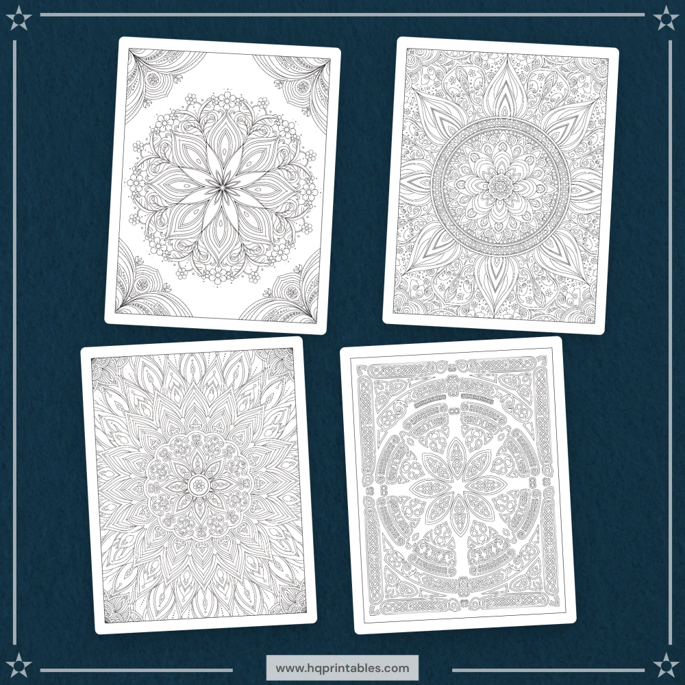 Printable stress relief coloring book for adults featuring calming mandala patterns and mental wellness pages