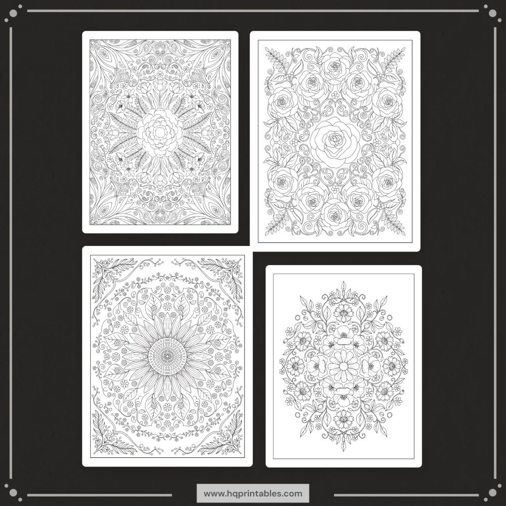 Printable stress relief coloring book for adults featuring calming mandala patterns and mental wellness pages