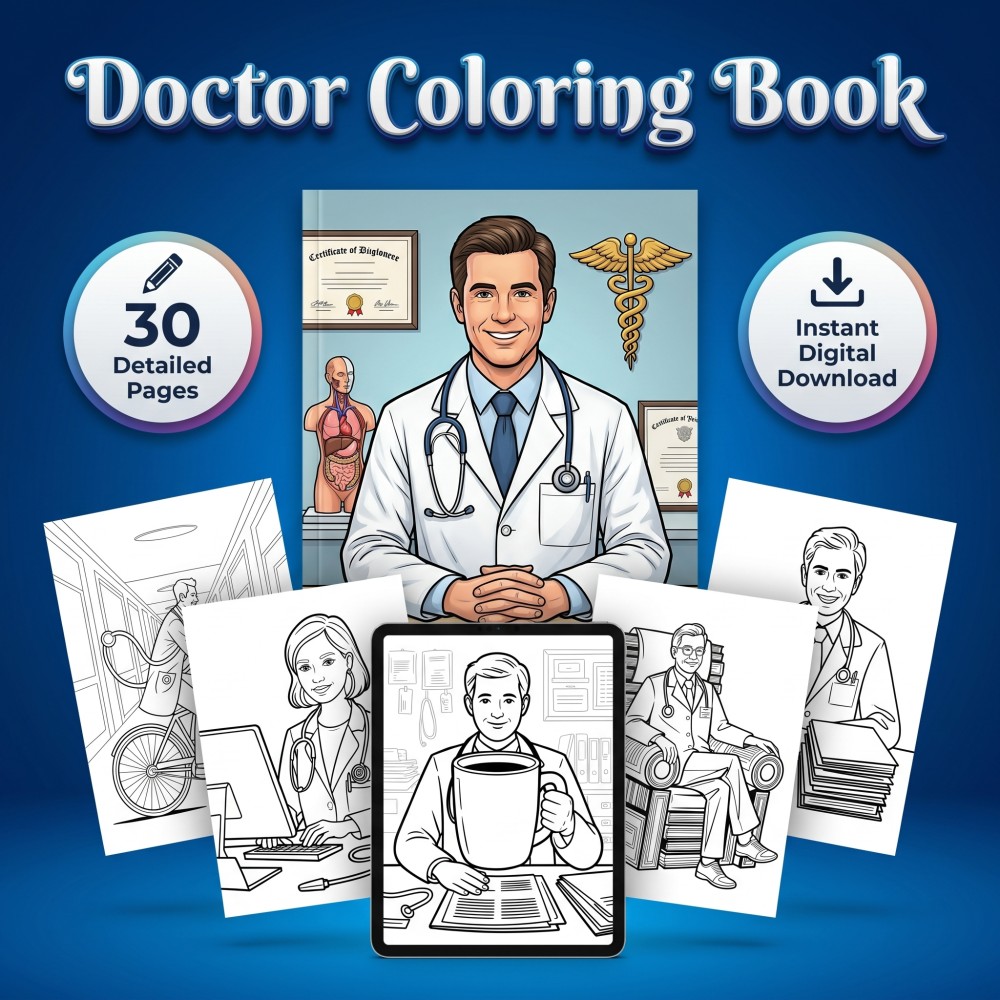 Printable funny doctor coloring book for adults featuring physician MD and medical worker gift pages