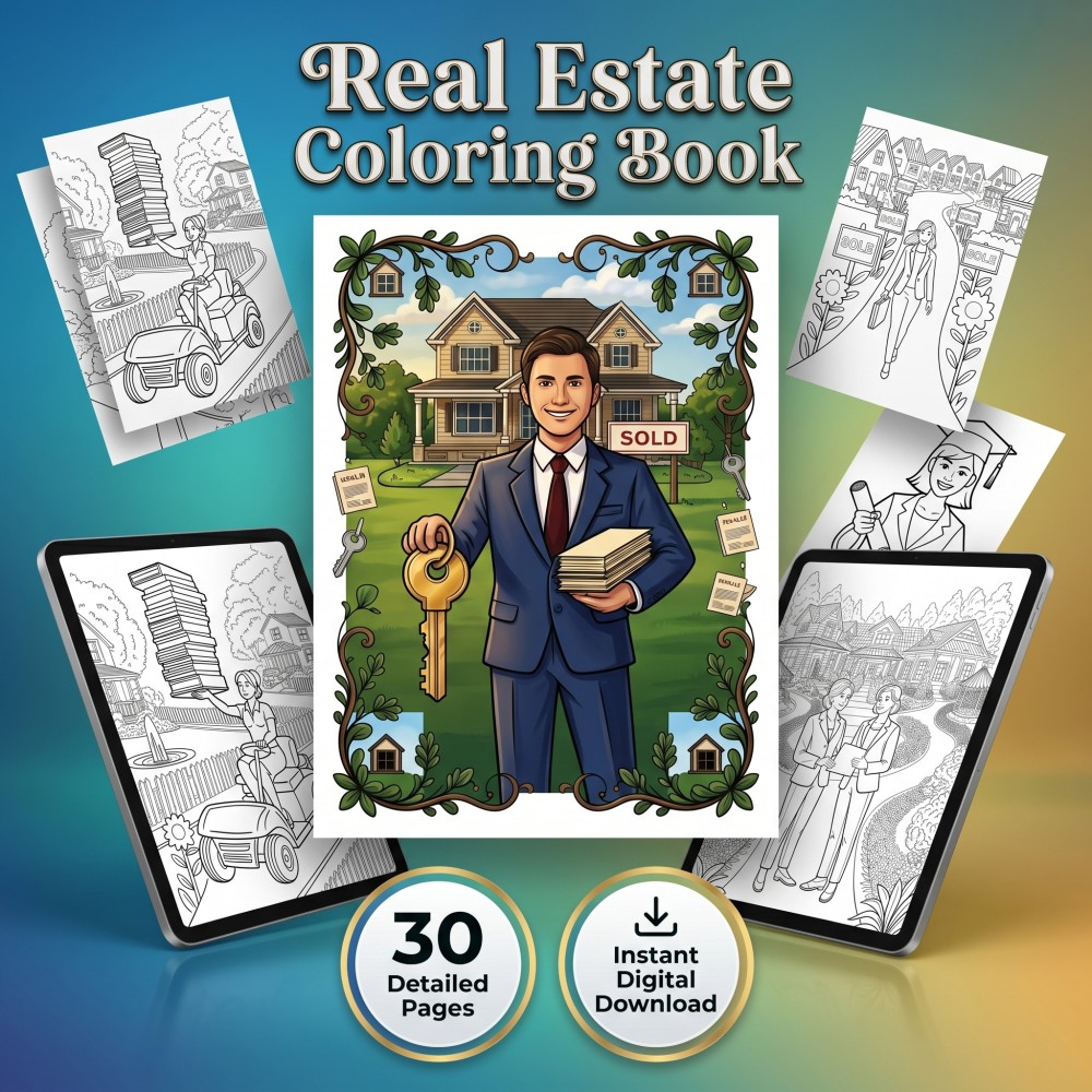 Printable funny real estate agent coloring book featuring realtor closing gift and office pages