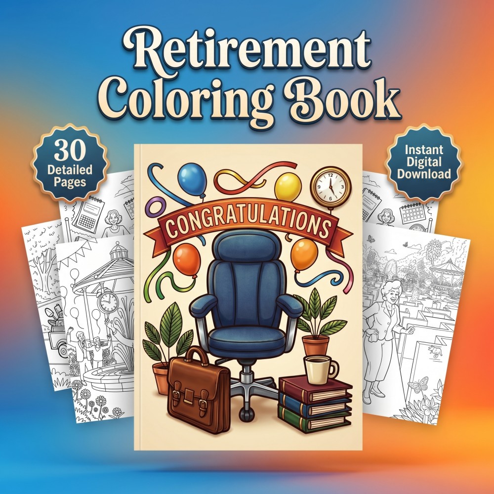 Downloadable funny retirement coloring book for adults featuring retiree farewell gift pages