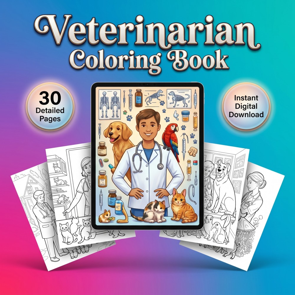 Printable funny veterinarian coloring book for adults featuring vet animal doctor and gift pages