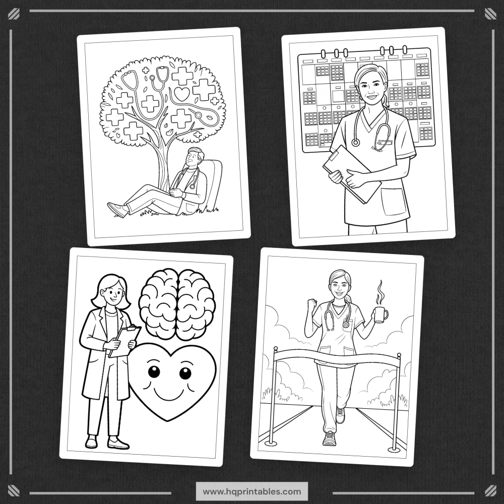 Printable funny doctor coloring book for adults featuring physician MD and medical worker gift pages