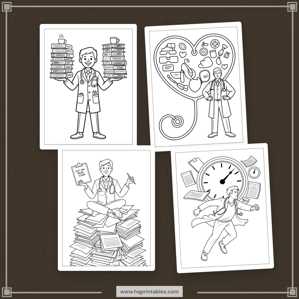 Printable funny doctor coloring book for adults featuring physician MD and medical worker gift pages