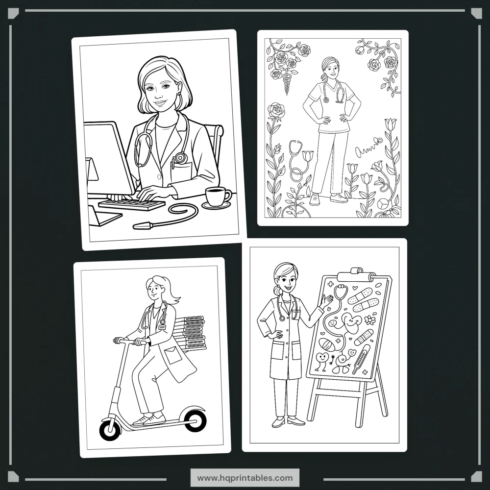 Printable funny doctor coloring book for adults featuring physician MD and medical worker gift pages