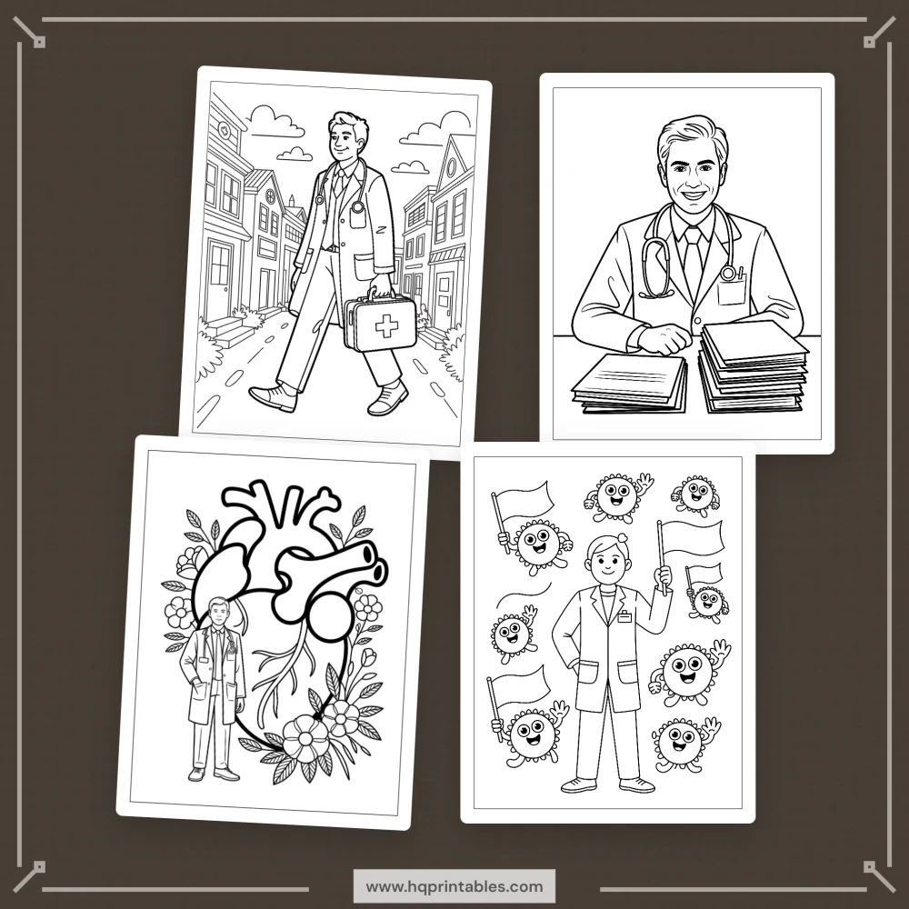 Printable funny doctor coloring book for adults featuring physician MD and medical worker gift pages