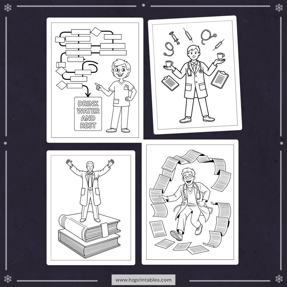 Printable funny doctor coloring book for adults featuring physician MD and medical worker gift pages