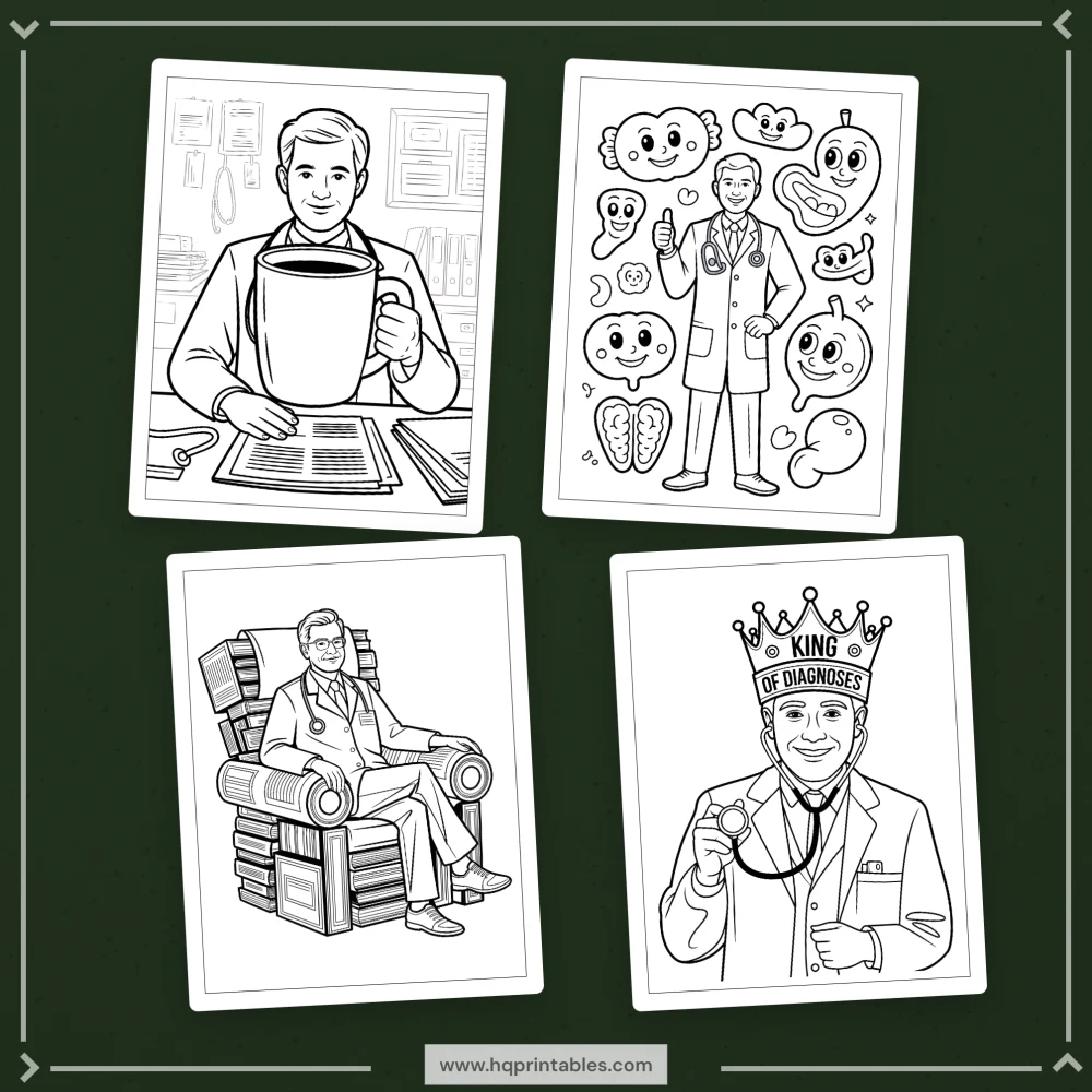 Printable funny doctor coloring book for adults featuring physician MD and medical worker gift pages
