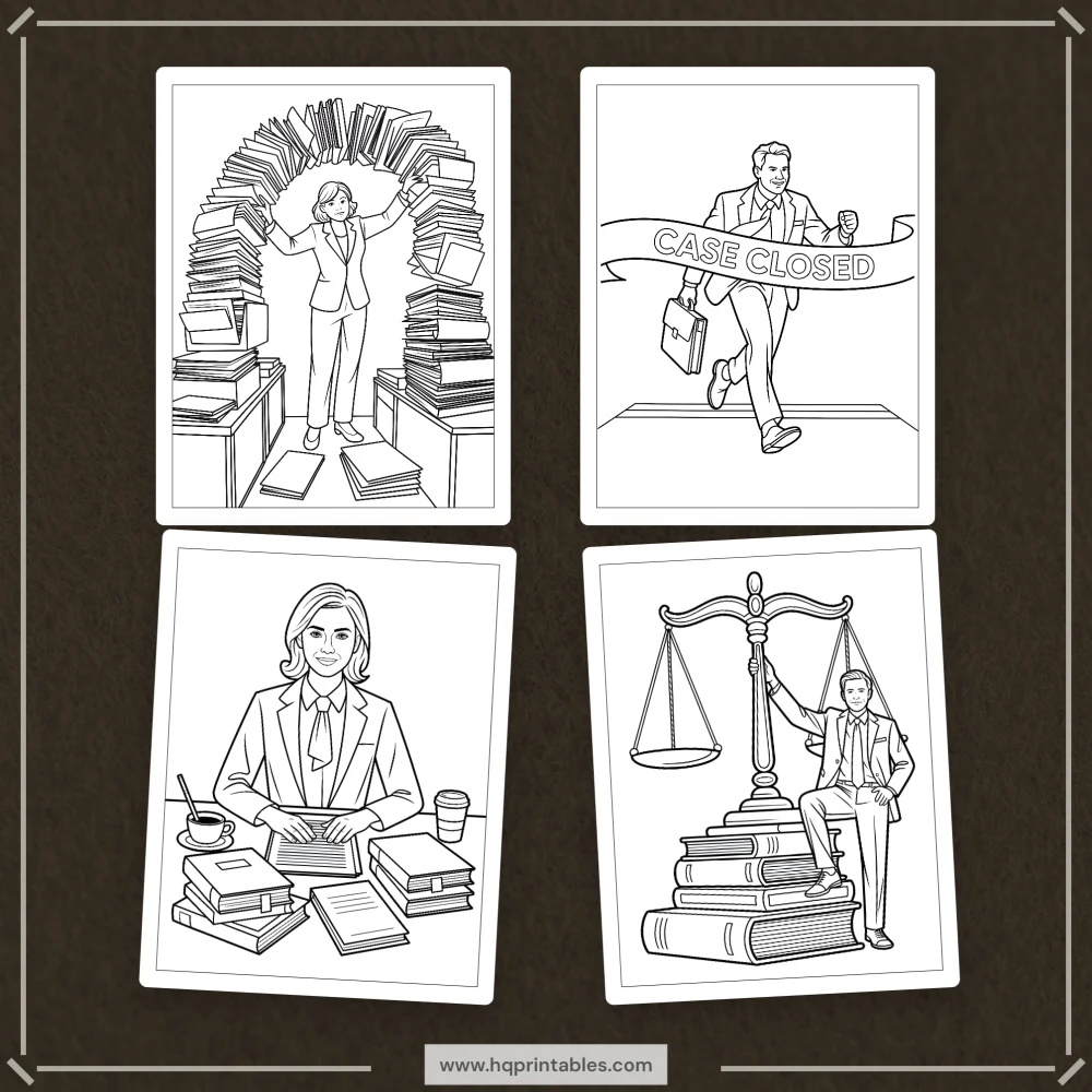Downloadable funny lawyer coloring book for adults featuring attorney law office and gift pages