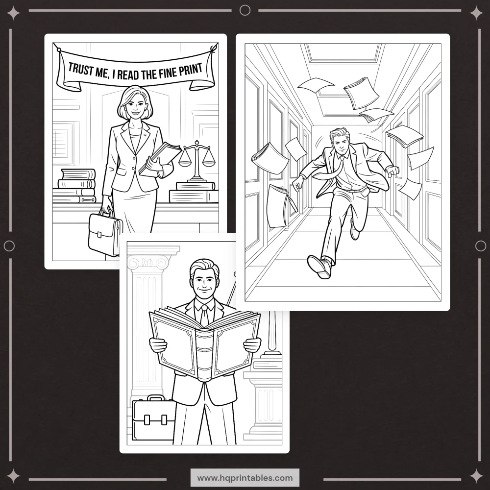 Downloadable funny lawyer coloring book for adults featuring attorney law office and gift pages