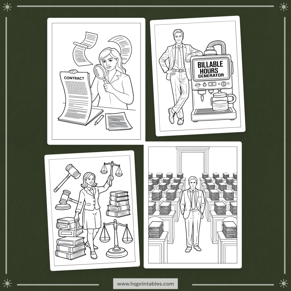 Downloadable funny lawyer coloring book for adults featuring attorney law office and gift pages