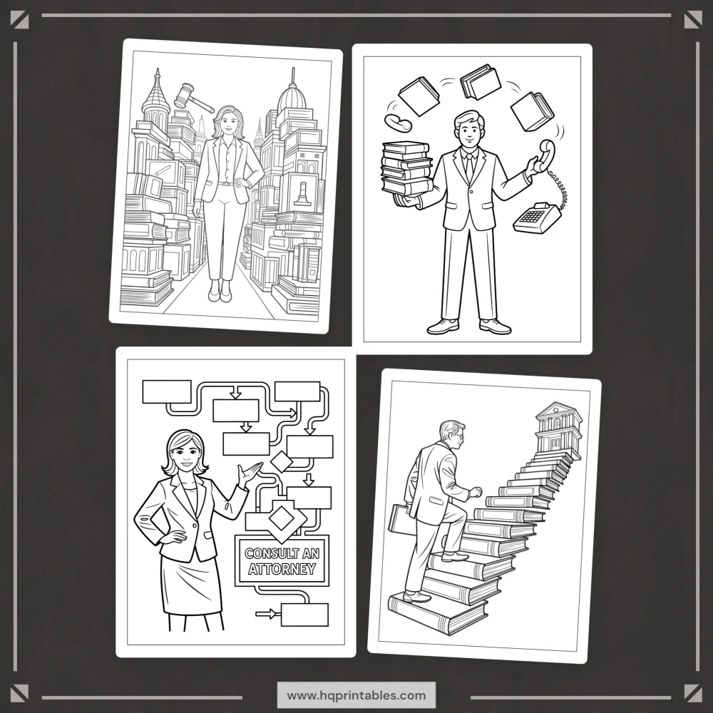 Downloadable funny lawyer coloring book for adults featuring attorney law office and gift pages