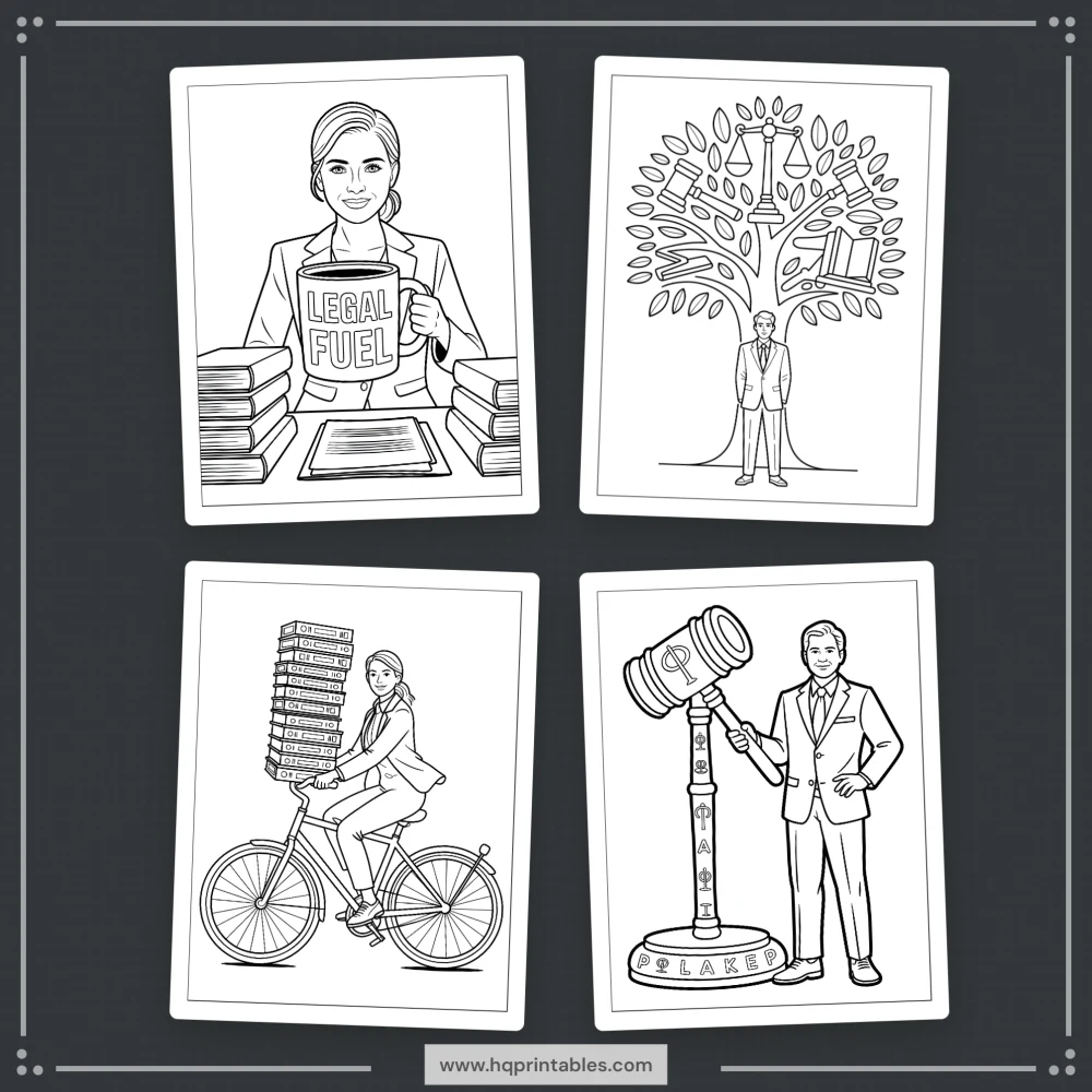 Downloadable funny lawyer coloring book for adults featuring attorney law office and gift pages