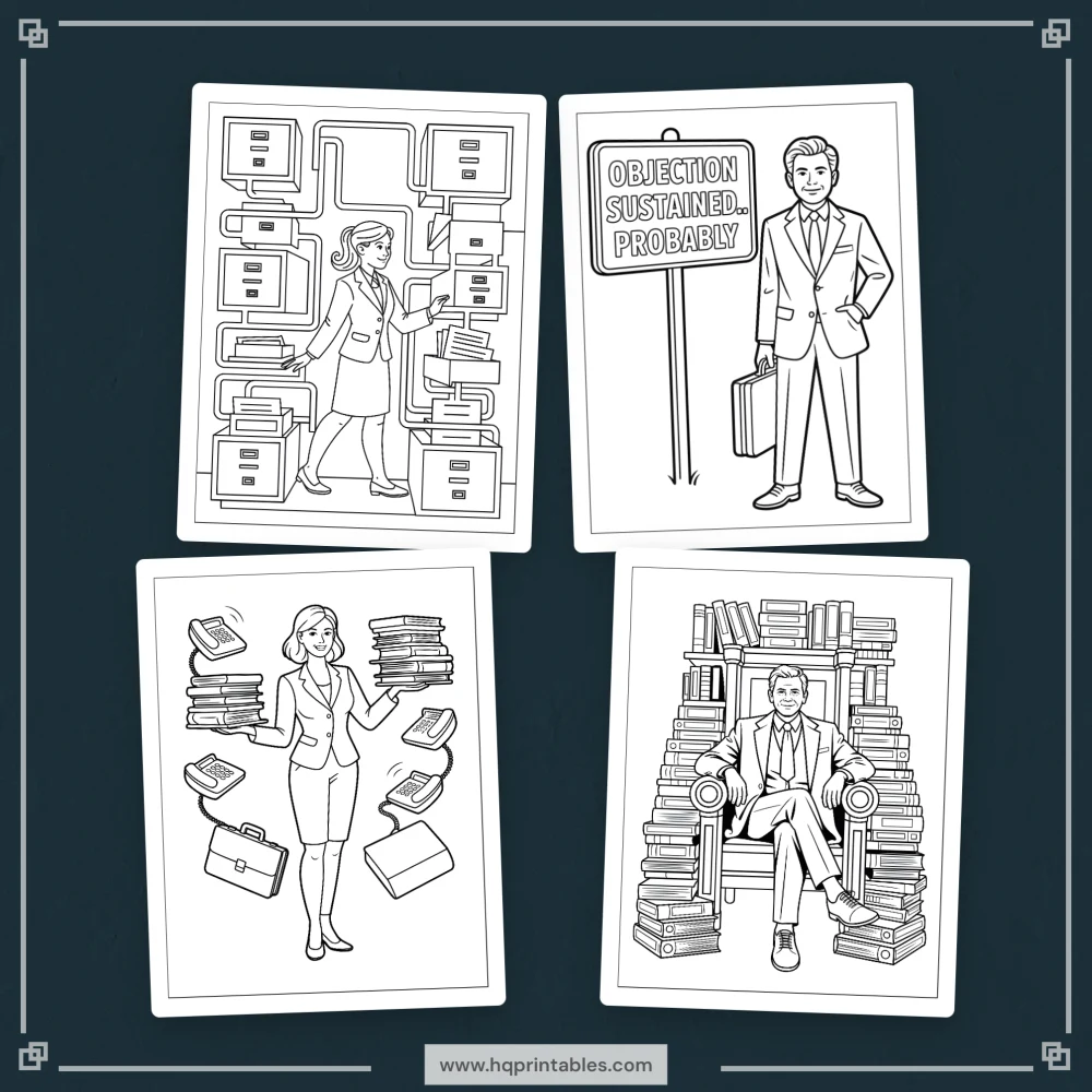 Downloadable funny lawyer coloring book for adults featuring attorney law office and gift pages