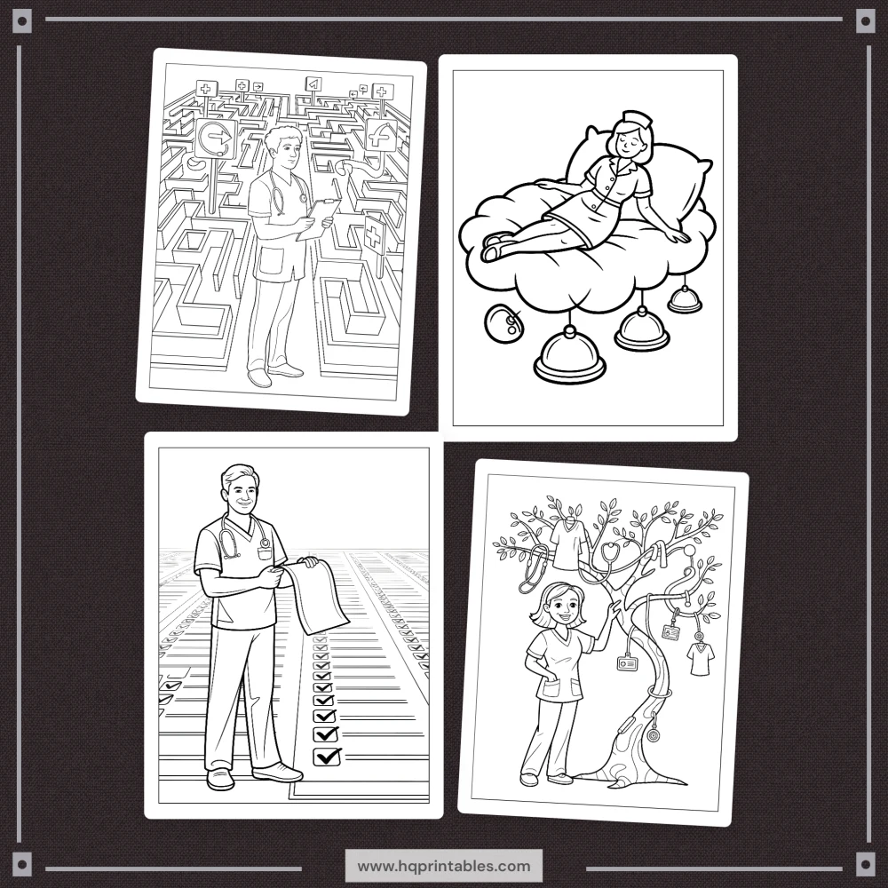 Downloadable funny nurse coloring book for adults featuring RN healthcare worker and gift pages