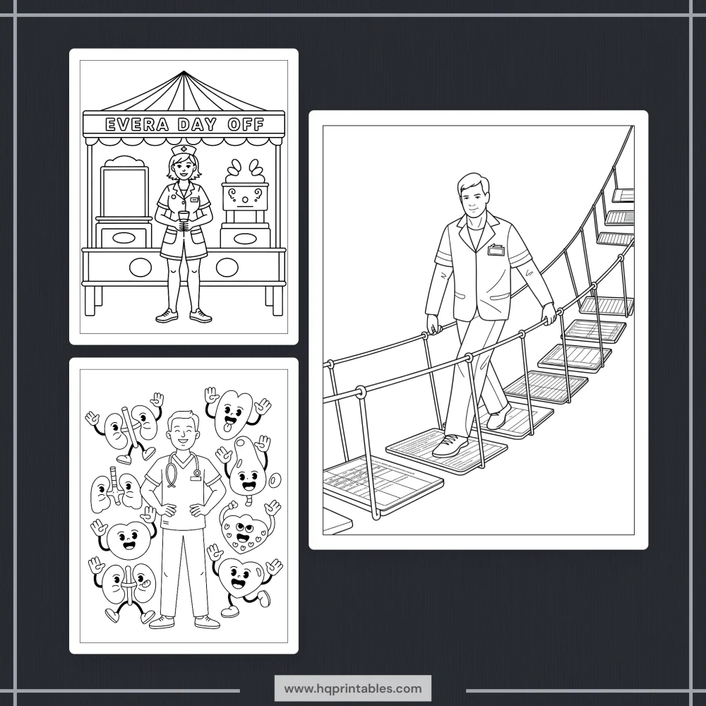 Downloadable funny nurse coloring book for adults featuring RN healthcare worker and gift pages