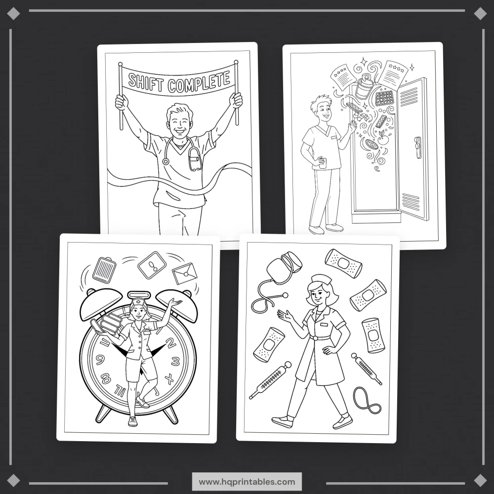Downloadable funny nurse coloring book for adults featuring RN healthcare worker and gift pages