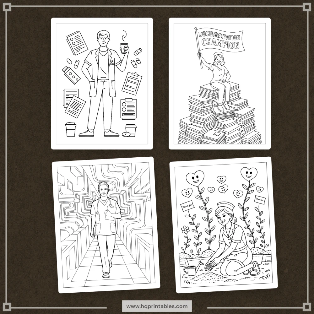 Downloadable funny nurse coloring book for adults featuring RN healthcare worker and gift pages