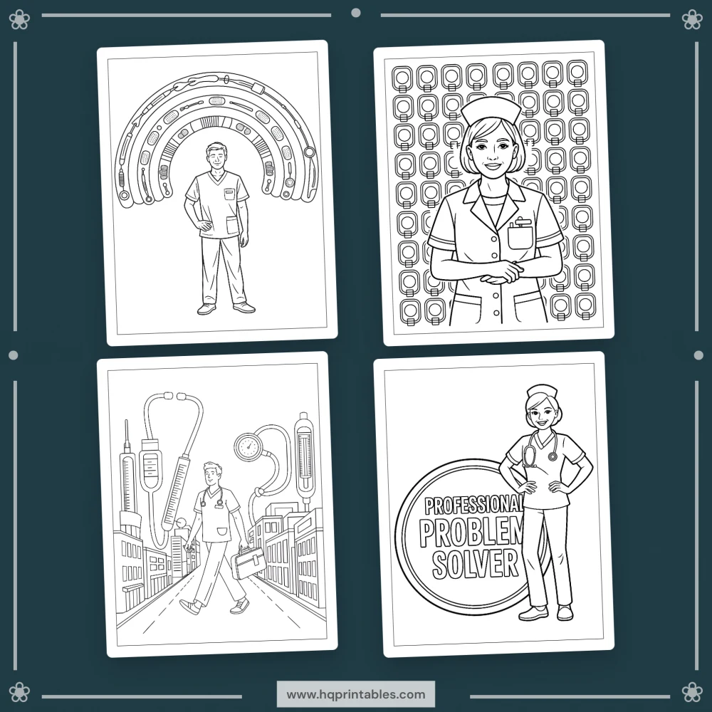 Downloadable funny nurse coloring book for adults featuring RN healthcare worker and gift pages