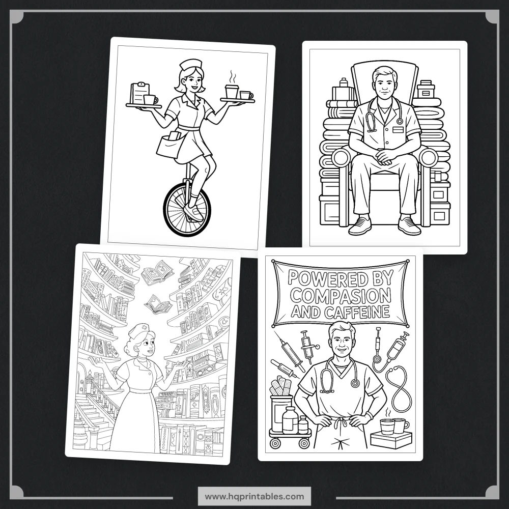 Downloadable funny nurse coloring book for adults featuring RN healthcare worker and gift pages