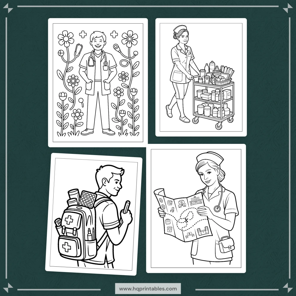 Downloadable funny nurse coloring book for adults featuring RN healthcare worker and gift pages