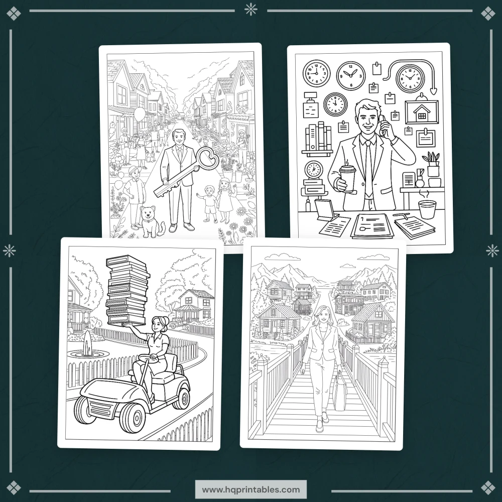 Printable funny real estate agent coloring book featuring realtor closing gift and office pages