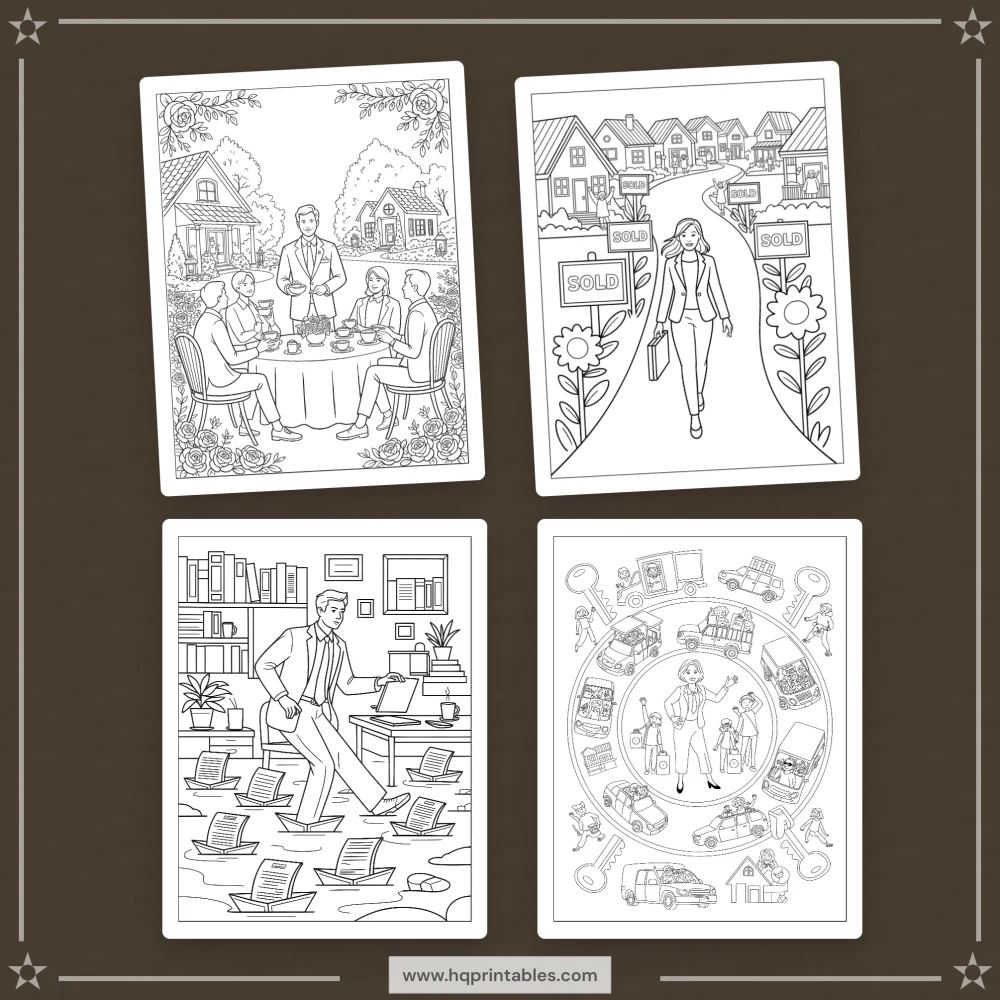 Printable funny real estate agent coloring book featuring realtor closing gift and office pages