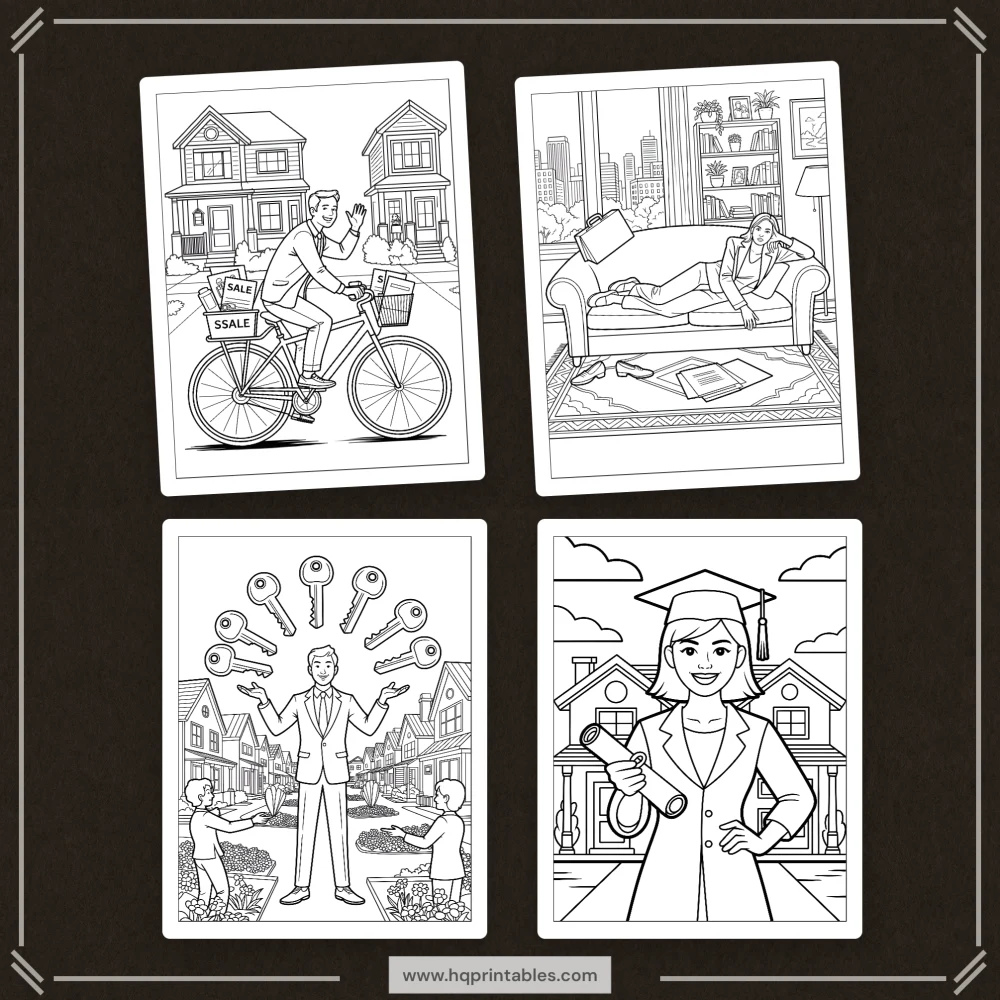 Printable funny real estate agent coloring book featuring realtor closing gift and office pages