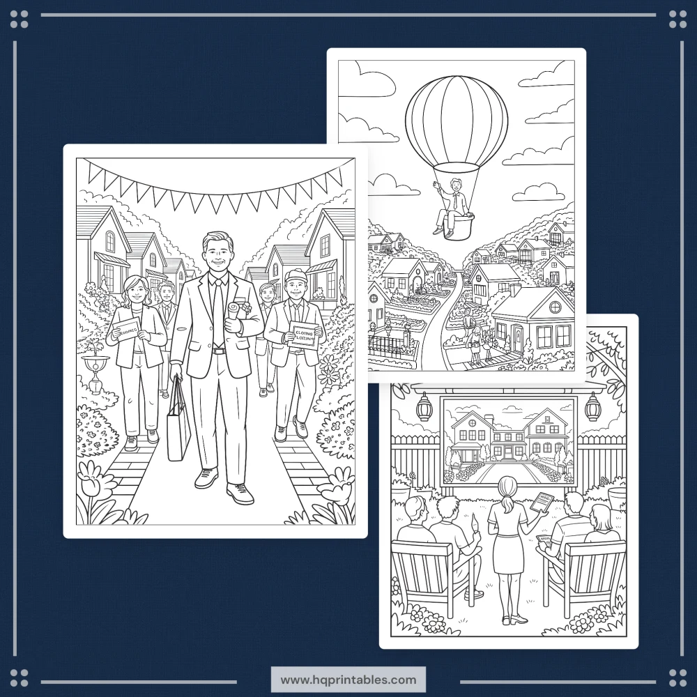 Printable funny real estate agent coloring book featuring realtor closing gift and office pages