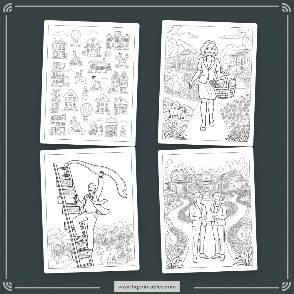 Printable funny real estate agent coloring book featuring realtor closing gift and office pages