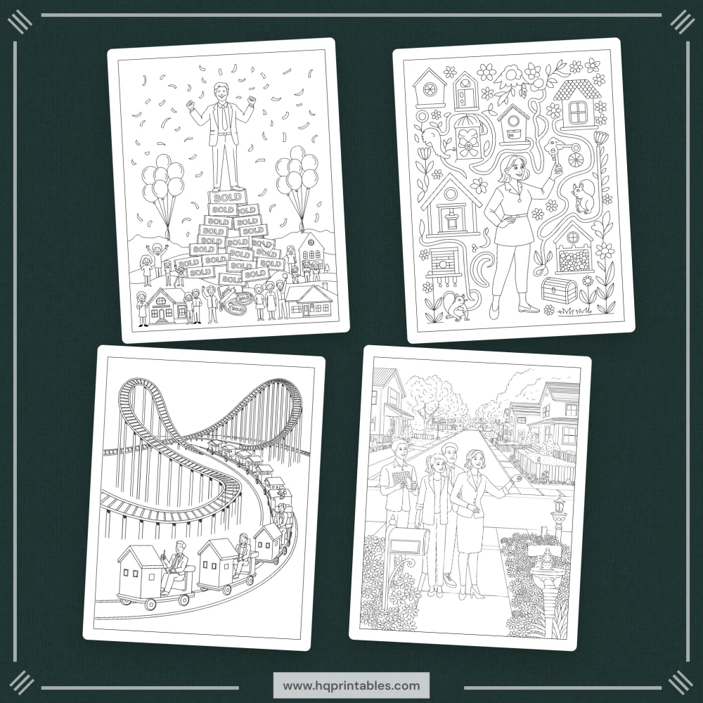 Printable funny real estate agent coloring book featuring realtor closing gift and office pages