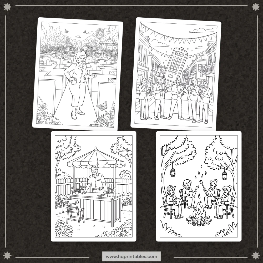 Downloadable funny retirement coloring book for adults featuring retiree farewell gift pages
