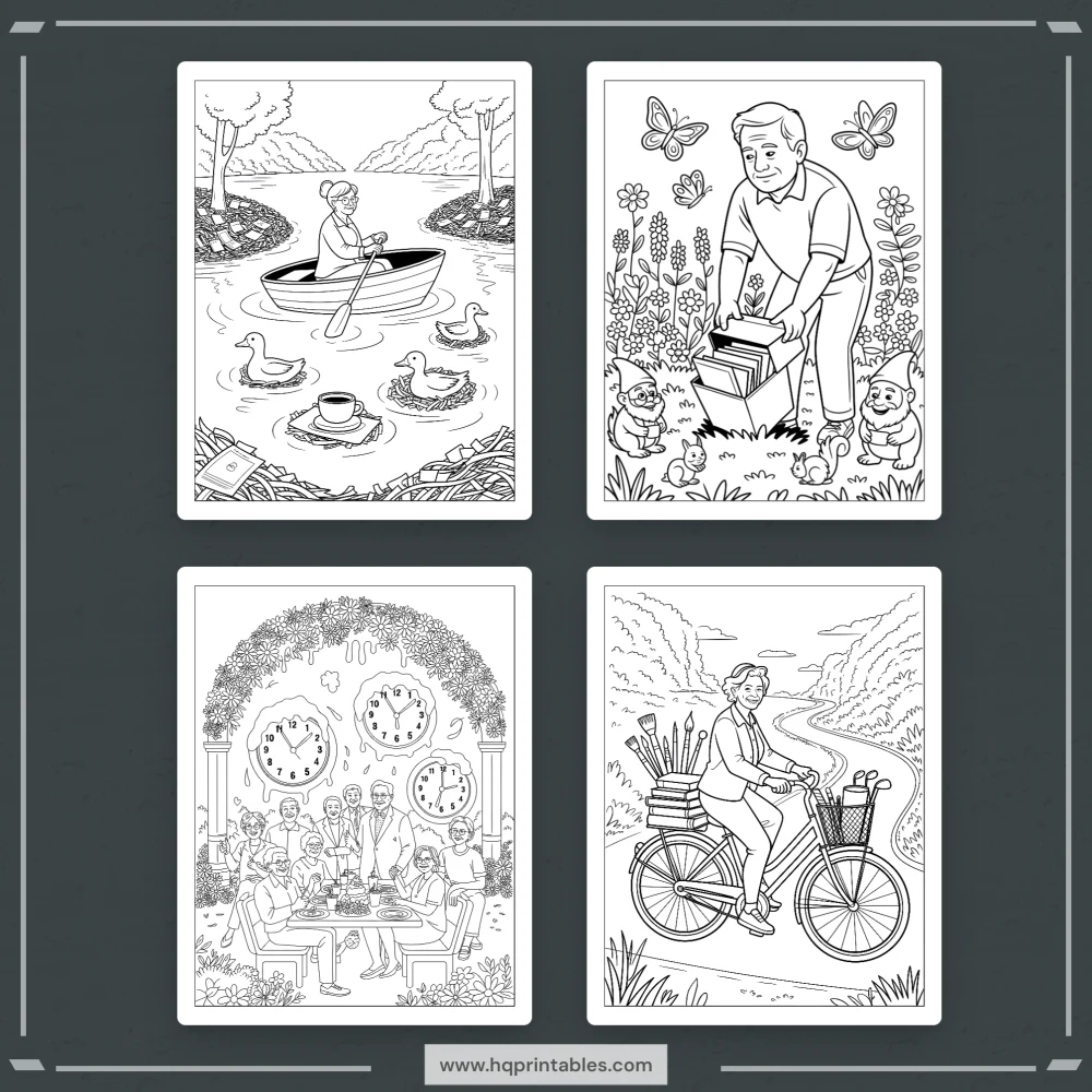 Downloadable funny retirement coloring book for adults featuring retiree farewell gift pages