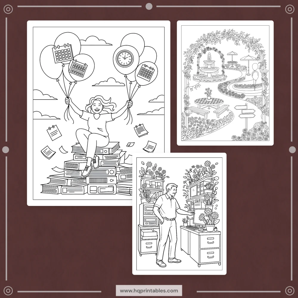 Downloadable funny retirement coloring book for adults featuring retiree farewell gift pages