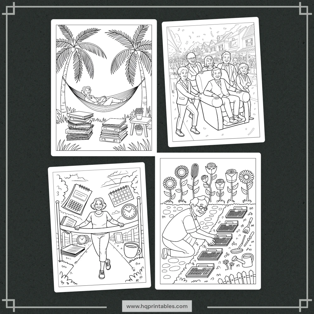 Downloadable funny retirement coloring book for adults featuring retiree farewell gift pages