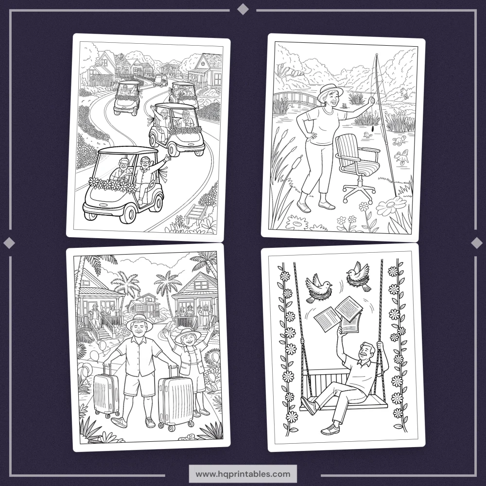 Downloadable funny retirement coloring book for adults featuring retiree farewell gift pages