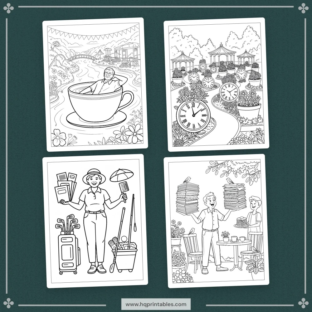 Downloadable funny retirement coloring book for adults featuring retiree farewell gift pages
