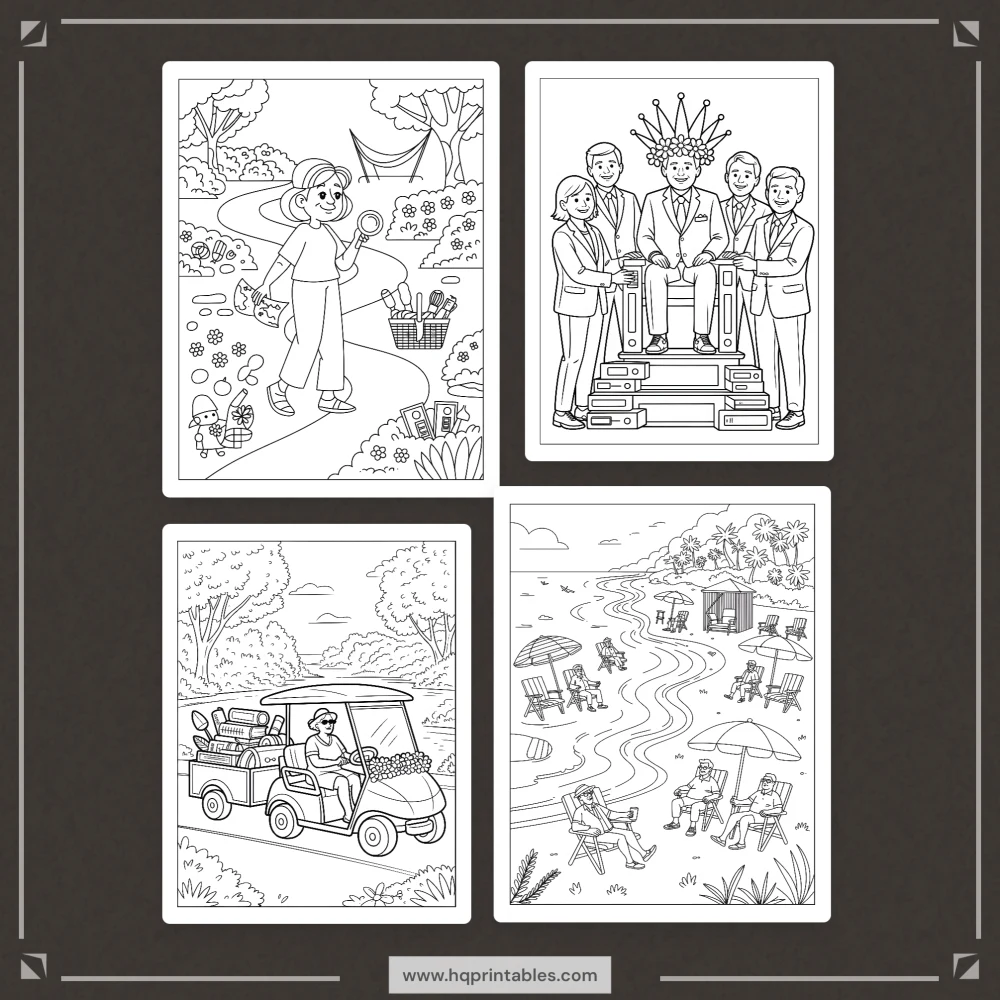 Downloadable funny retirement coloring book for adults featuring retiree farewell gift pages