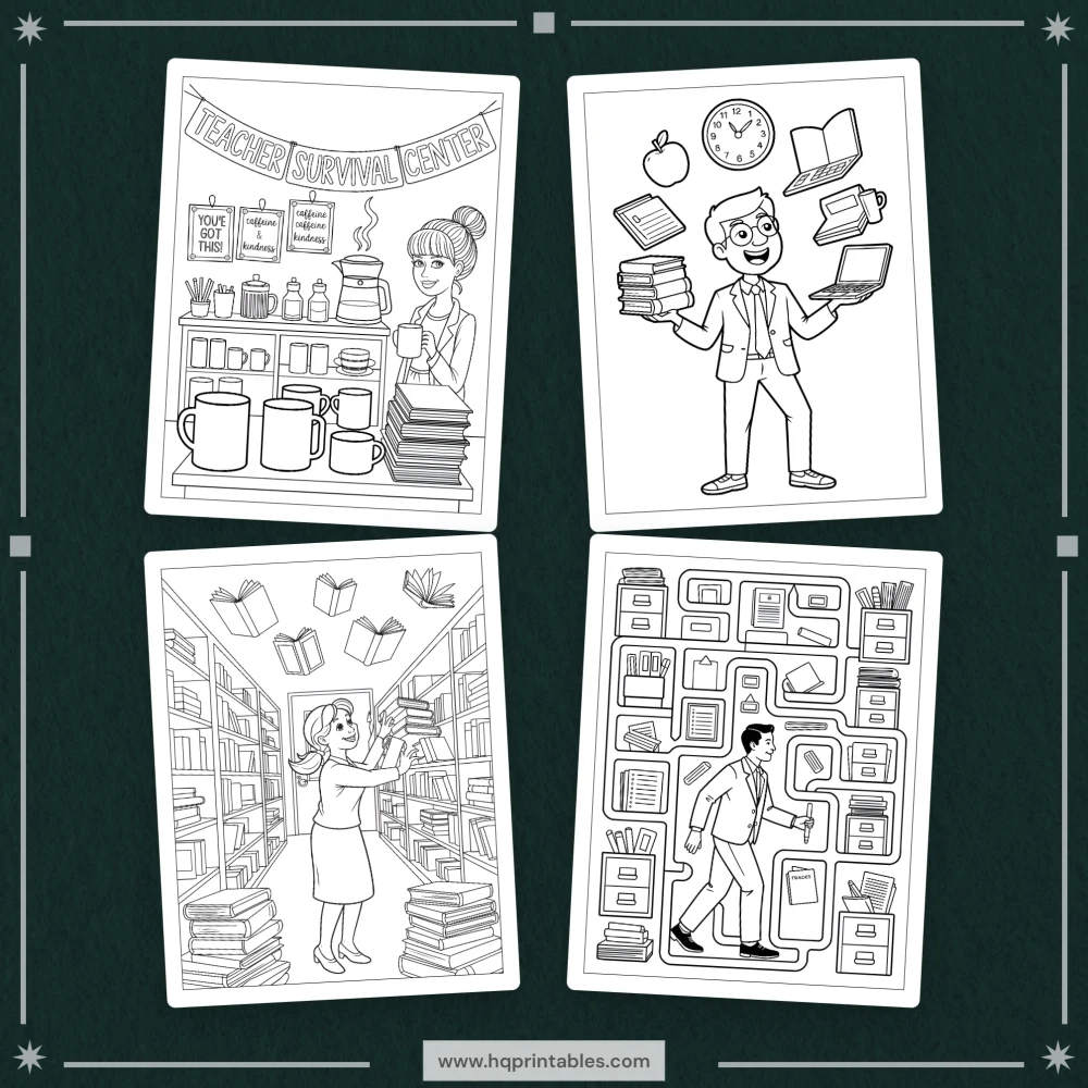 Printable funny teacher coloring book for adults featuring educator appreciation and office gift pages