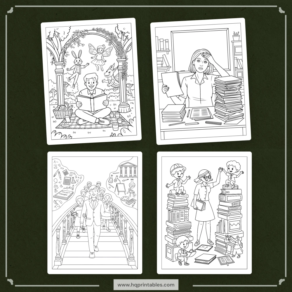 Printable funny teacher coloring book for adults featuring educator appreciation and office gift pages