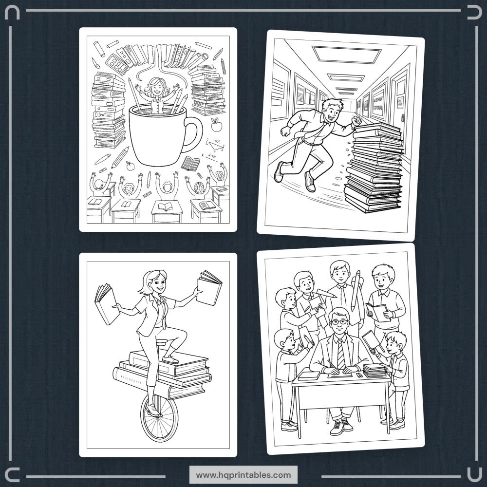 Printable funny teacher coloring book for adults featuring educator appreciation and office gift pages