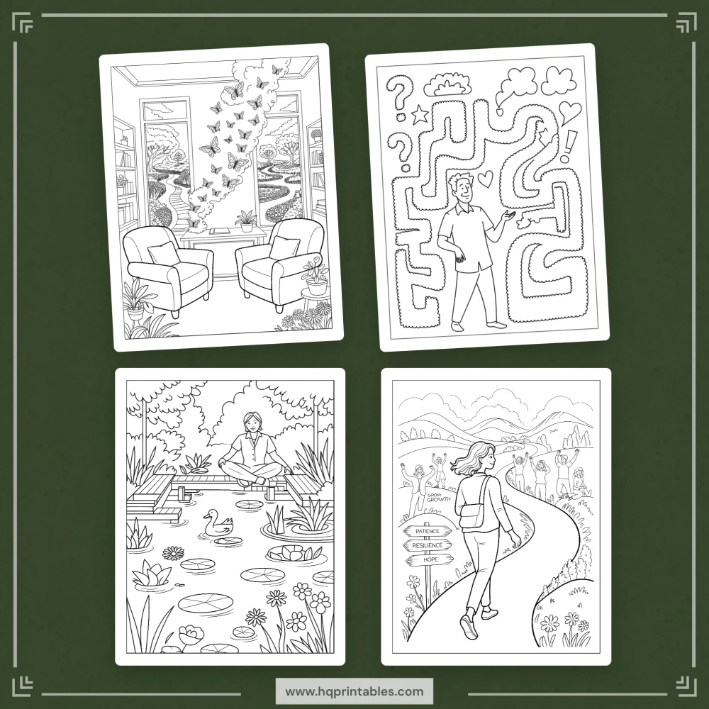 Printable therapist coloring book for adults featuring counselor and mental health professional gift pages