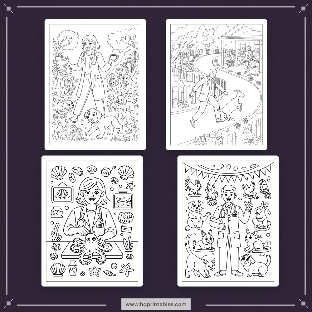 Printable funny veterinarian coloring book for adults featuring vet animal doctor and gift pages