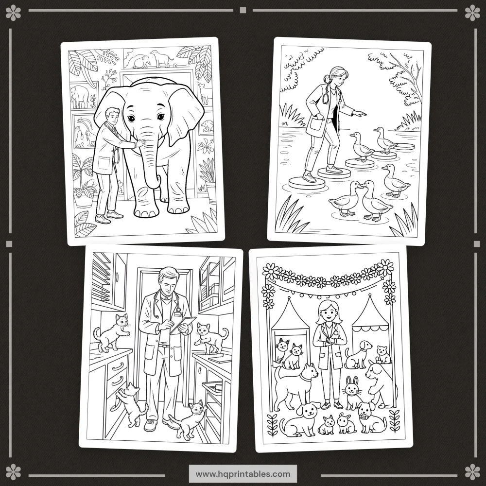 Printable funny veterinarian coloring book for adults featuring vet animal doctor and gift pages