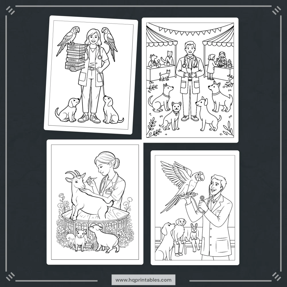 Printable funny veterinarian coloring book for adults featuring vet animal doctor and gift pages