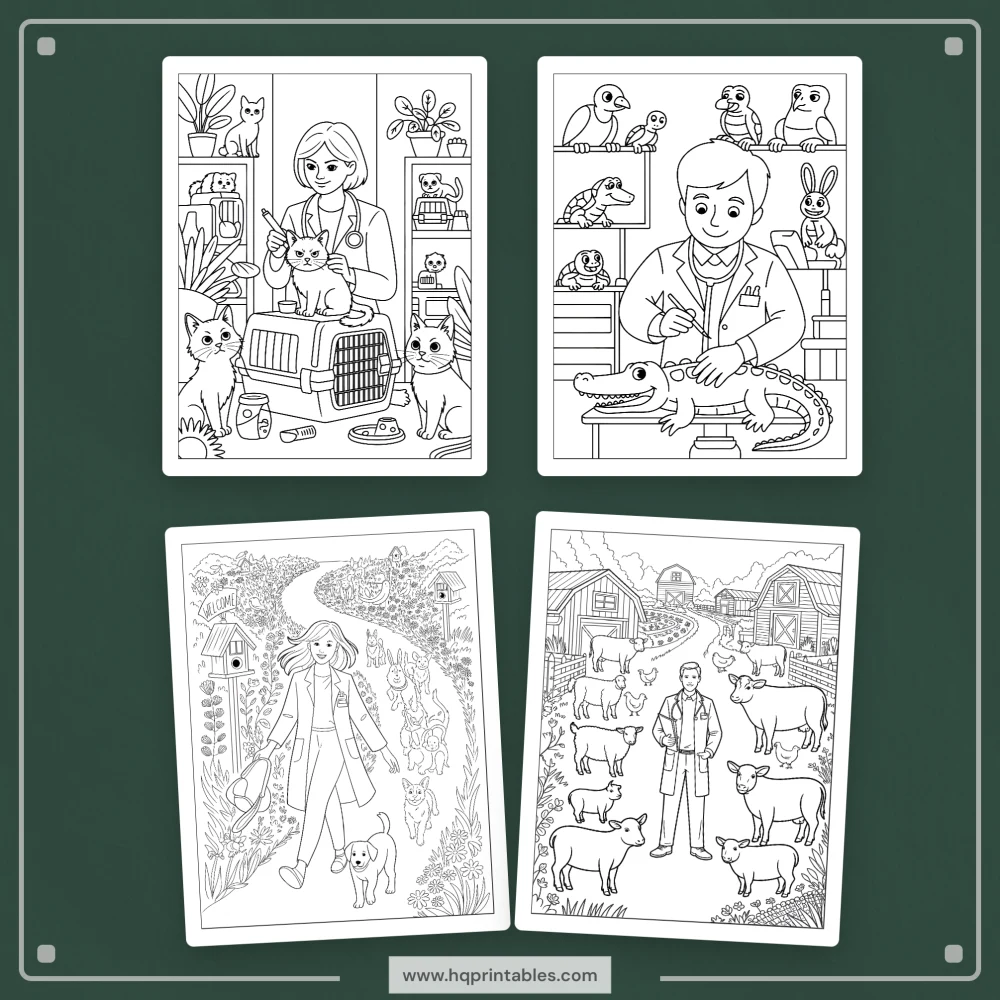 Printable funny veterinarian coloring book for adults featuring vet animal doctor and gift pages