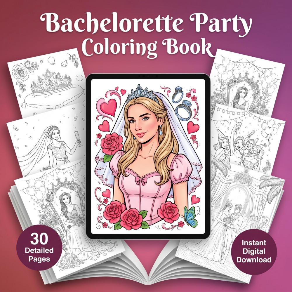 Printable bachelorette party coloring book for bride to be hen party adult activity