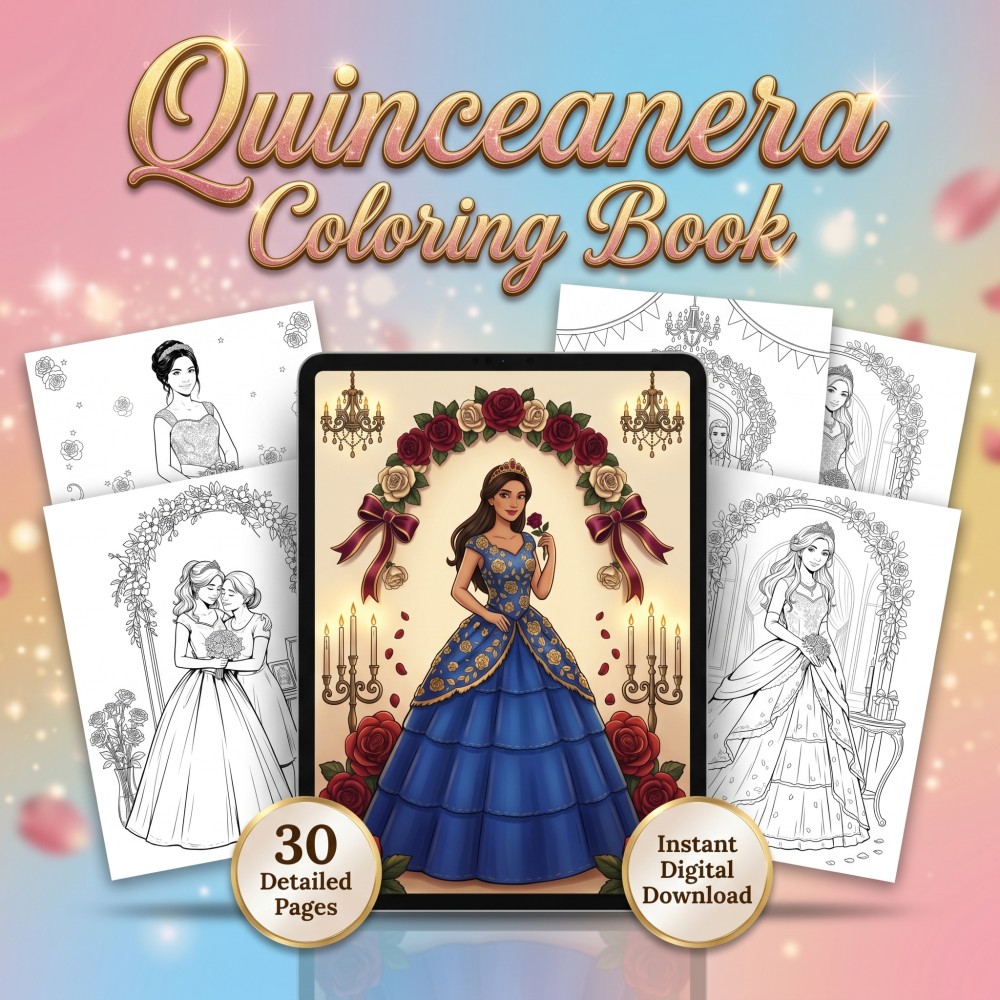 Printable Quinceanera coloring book featuring Mis Quince Anos 15th birthday sweet celebration activity