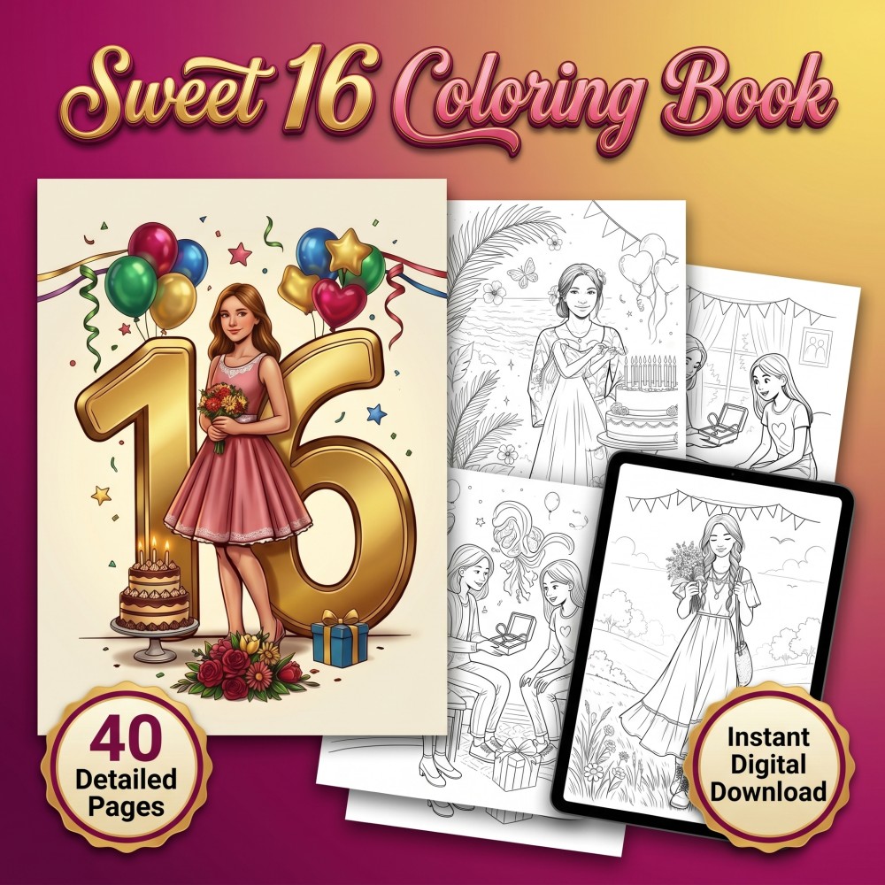 Printable sweet 16 coloring book with teen girl 16th birthday celebration activity pages